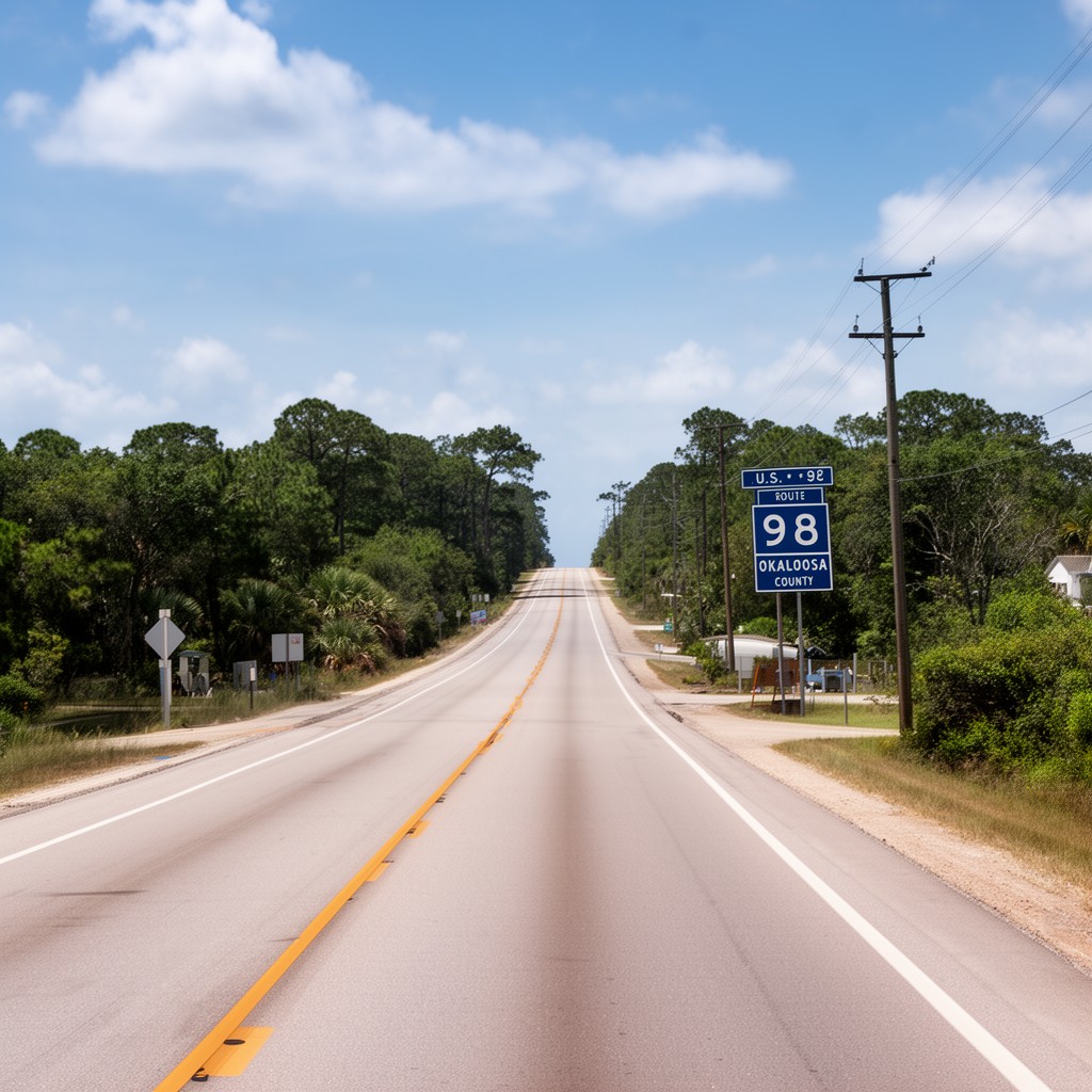 AI-generated illustration of U.S. Route 98 in Okaloosa County, Florida