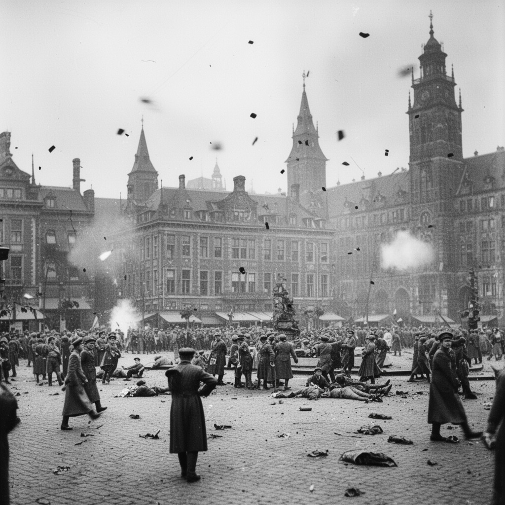 AI-generated illustration of Dam Square shooting of 7 May 1945