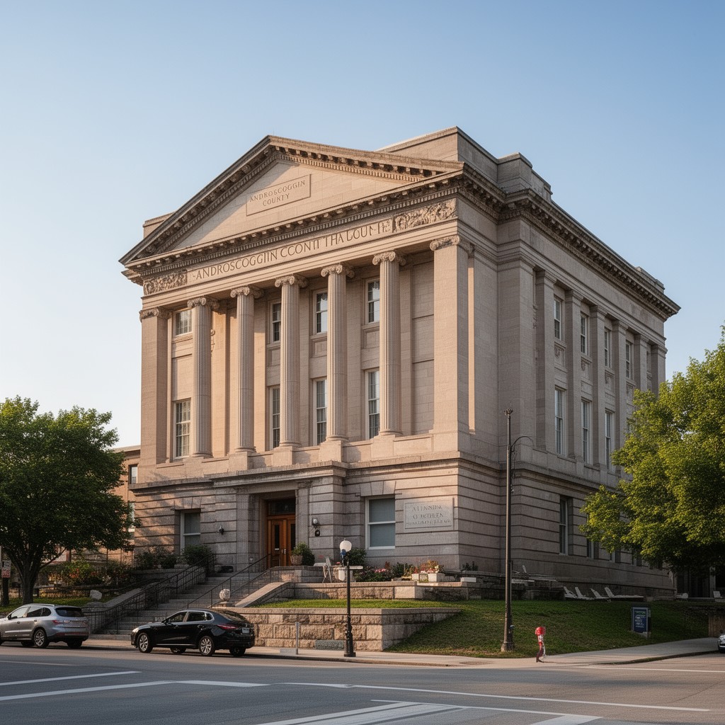AI-generated illustration of Androscoggin County Courthouse in Auburn