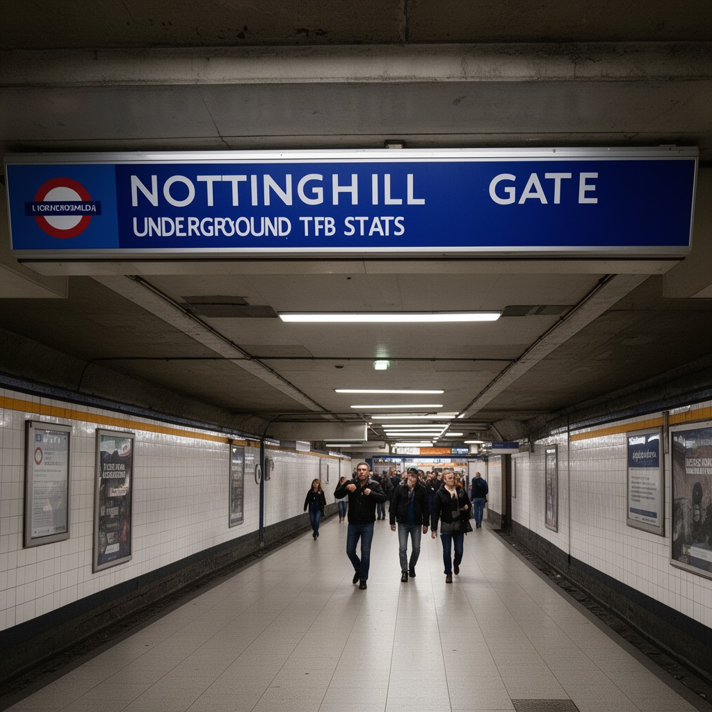 AI-generated illustration of Notting Hill Gate Underground station