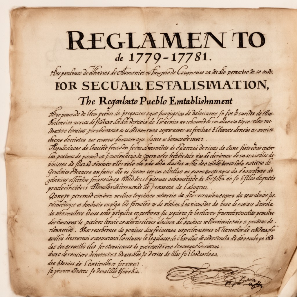 AI-generated illustration of Reglamento de 1779–1781 for secular pueblo establishment