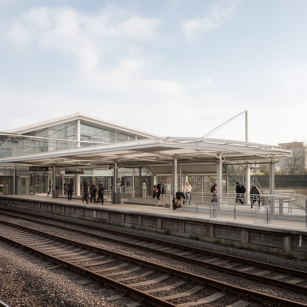 AI-generated illustration of Cambridge South railway station