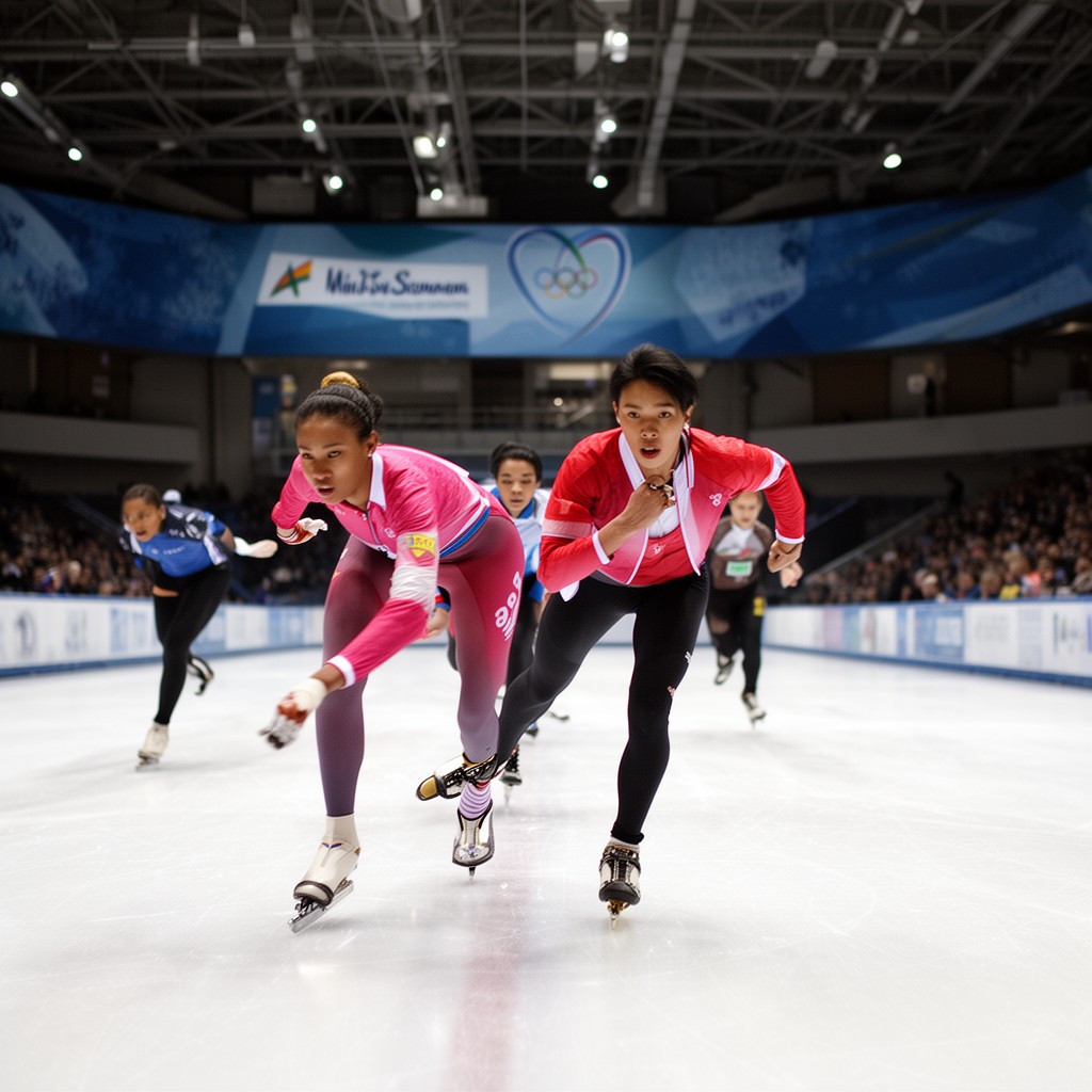 AI-generated illustration of short track speed skating at the 1994 Winter Olympics