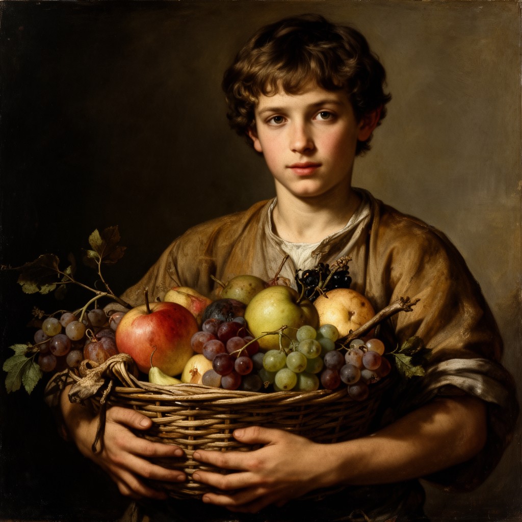 AI-generated illustration of Boy with a Basket of Fruit