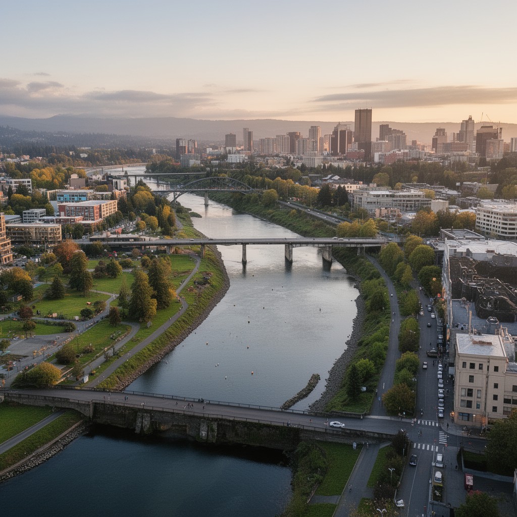 AI-generated illustration of Willamette River waterfront