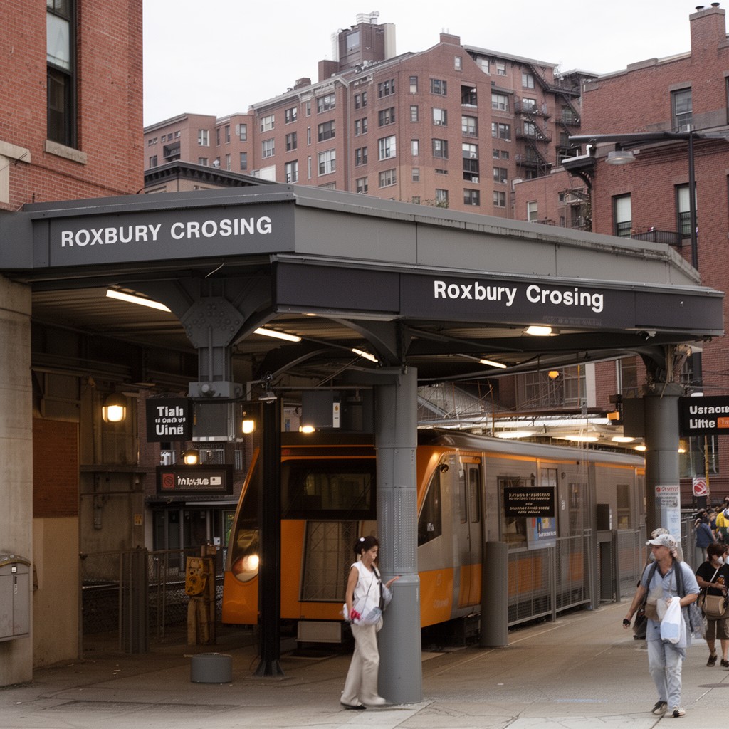 AI-generated illustration of Roxbury Crossing station