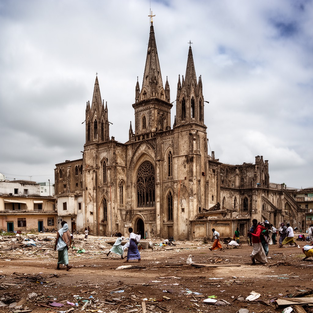AI-generated illustration of Mogadishu Cathedral (ruins)