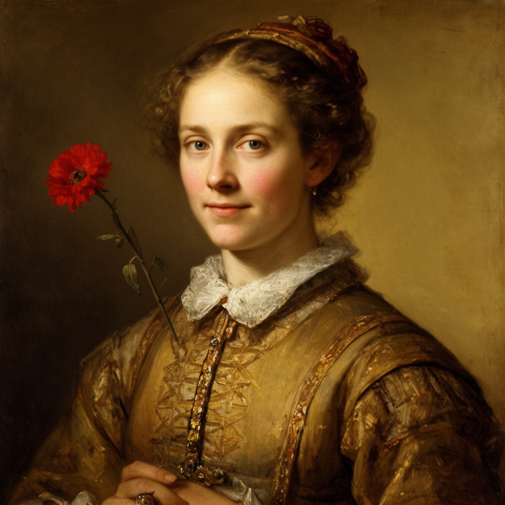 AI-generated illustration of Saskia with a Red Flower