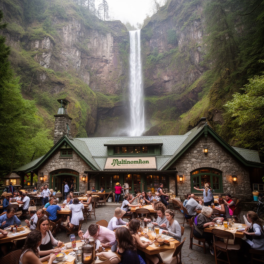AI-generated illustration of Multnomah Falls Lodge