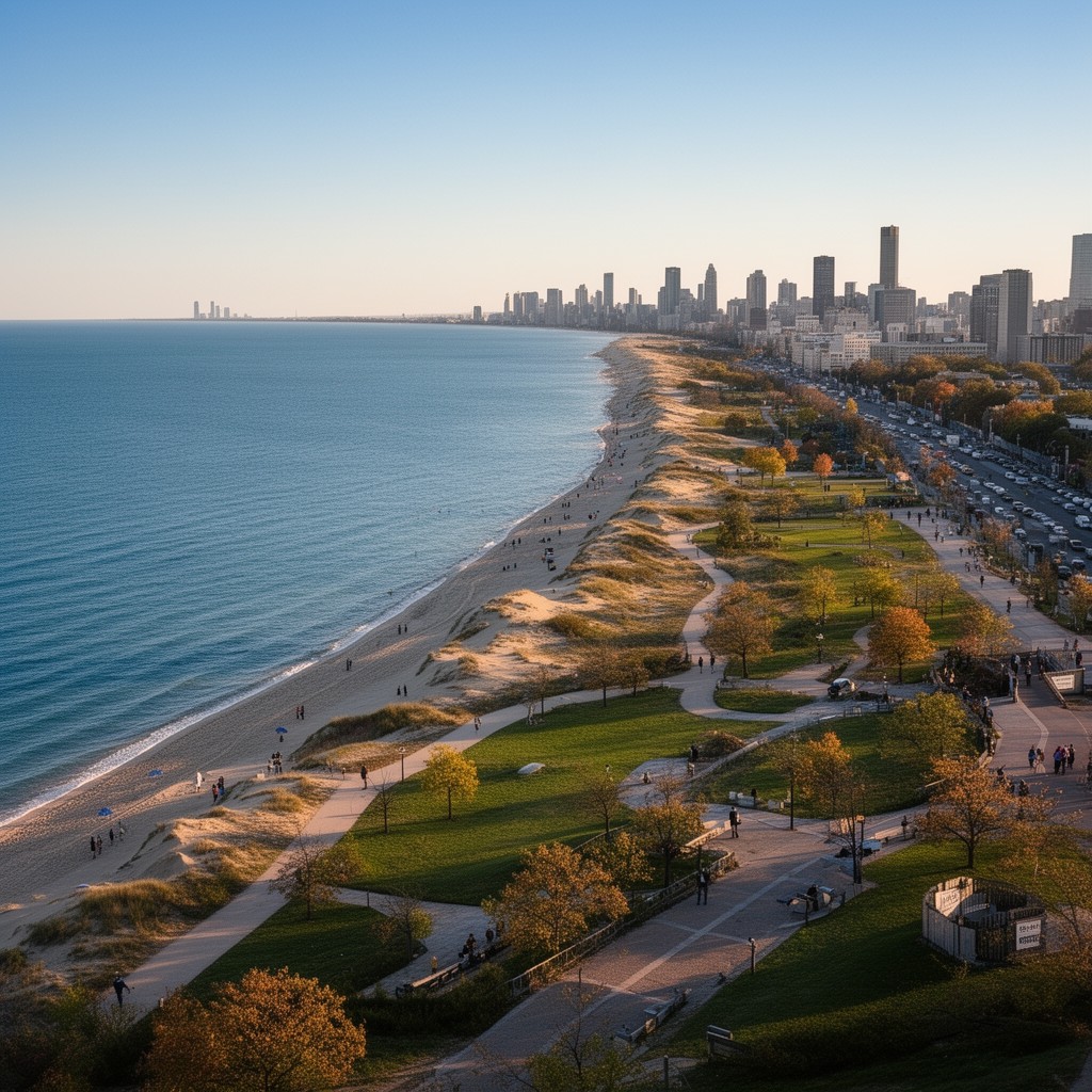 AI-generated illustration of Lake Michigan shoreline