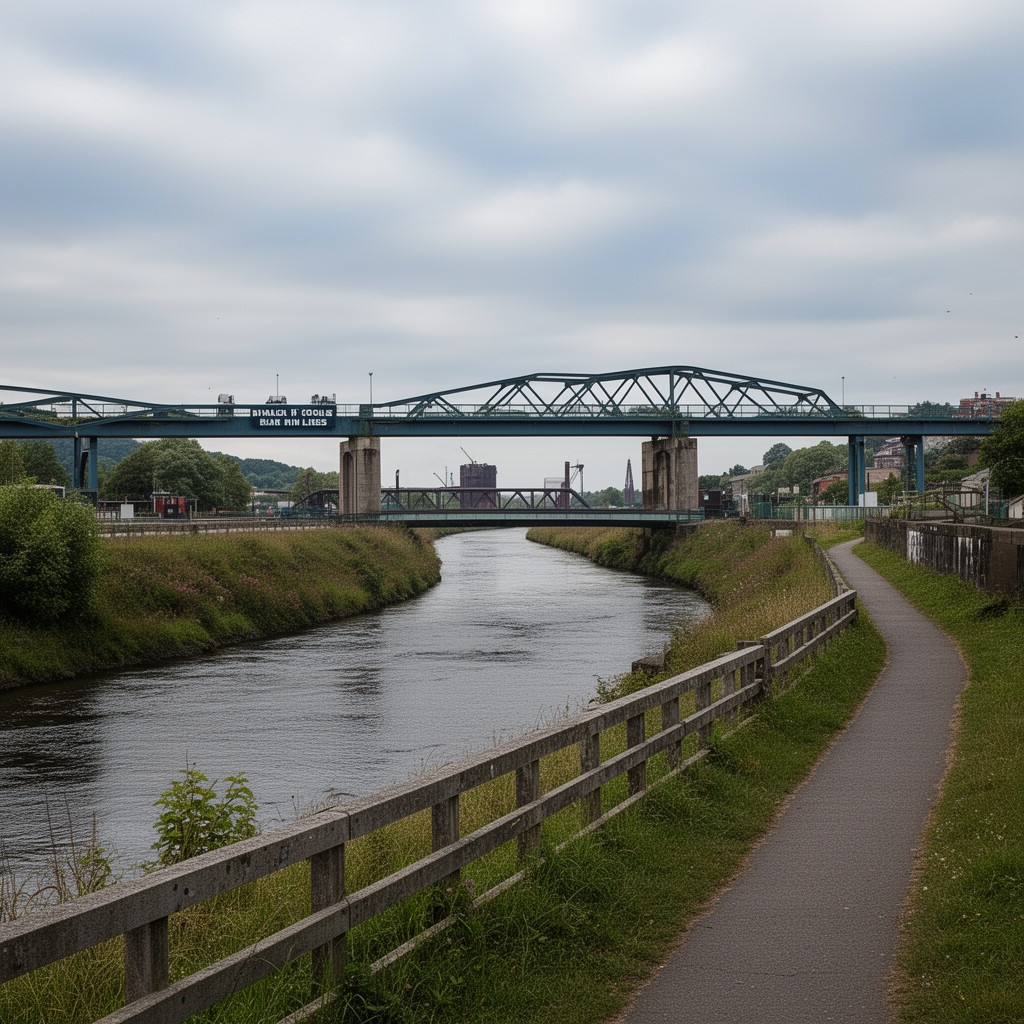 AI-generated illustration of River Douglas (via Manchester Ship Canal system context)