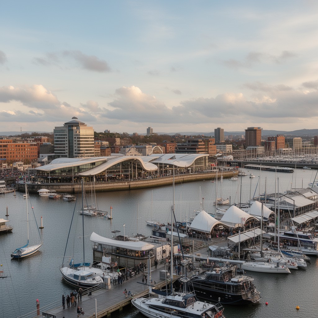 AI-generated illustration of Cardiff Bay waterfront