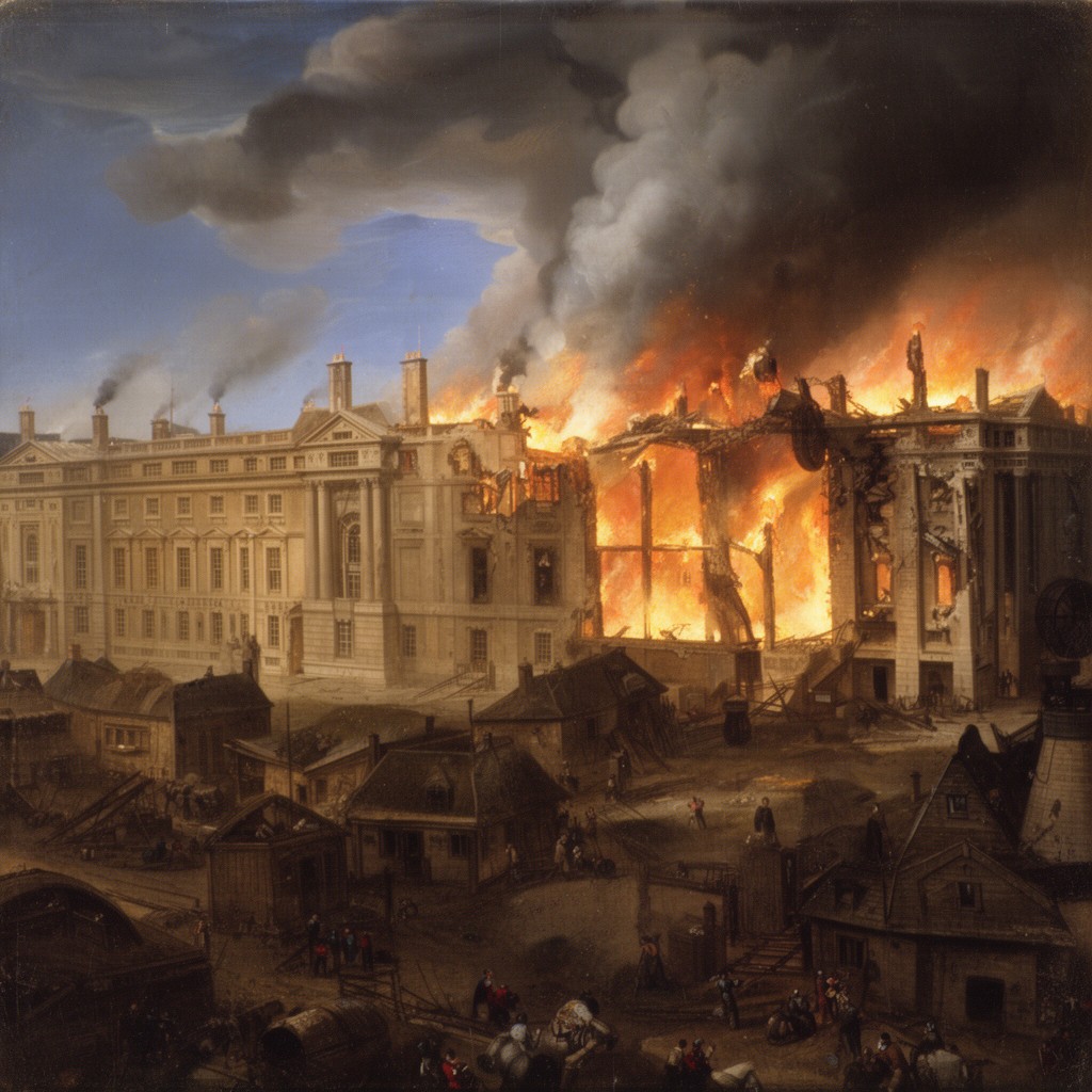 AI-generated illustration of Great Fire of 1698 at Whitehall