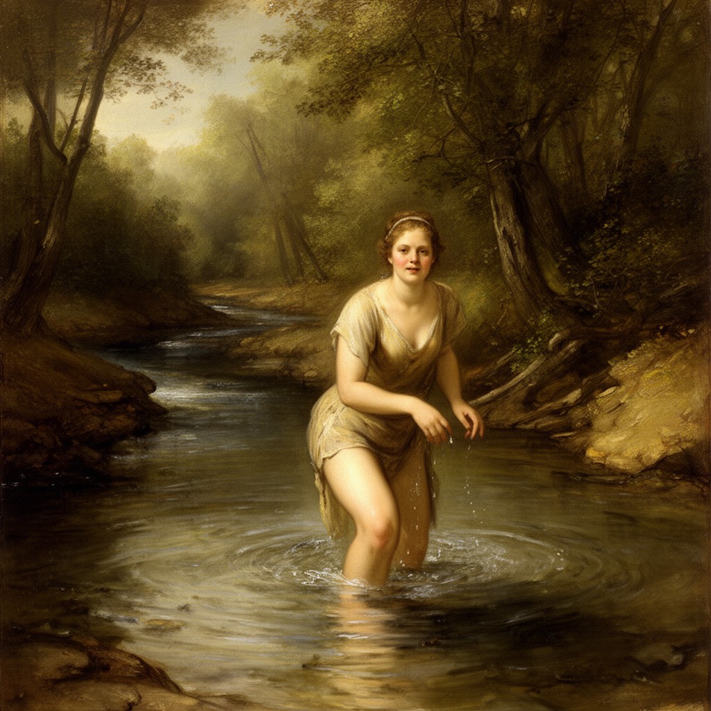 AI-generated illustration of Woman Bathing in a Stream