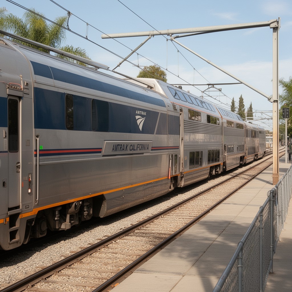 AI-generated illustration of Amtrak California bi-level coaches