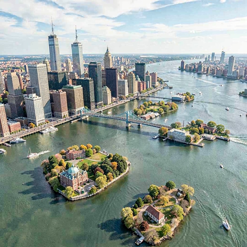 AI-generated illustration of New York City waterway islands