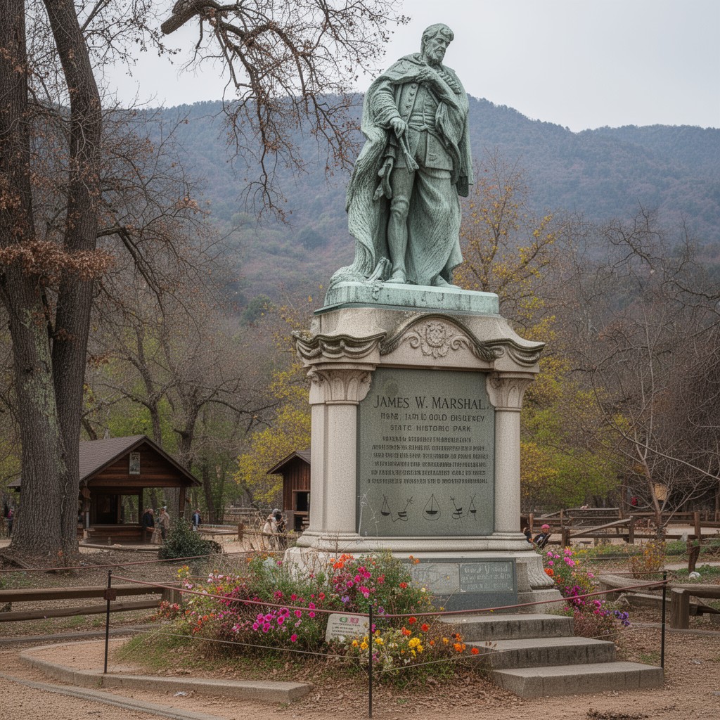 AI-generated illustration of James W. Marshall Monument at Marshall Gold Discovery State Historic Park
