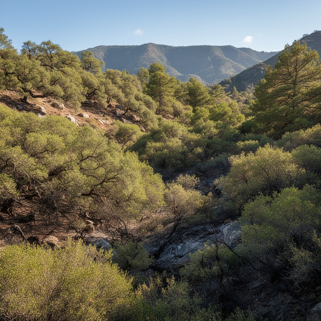 AI-generated illustration of California chaparral and woodlands ecoregion