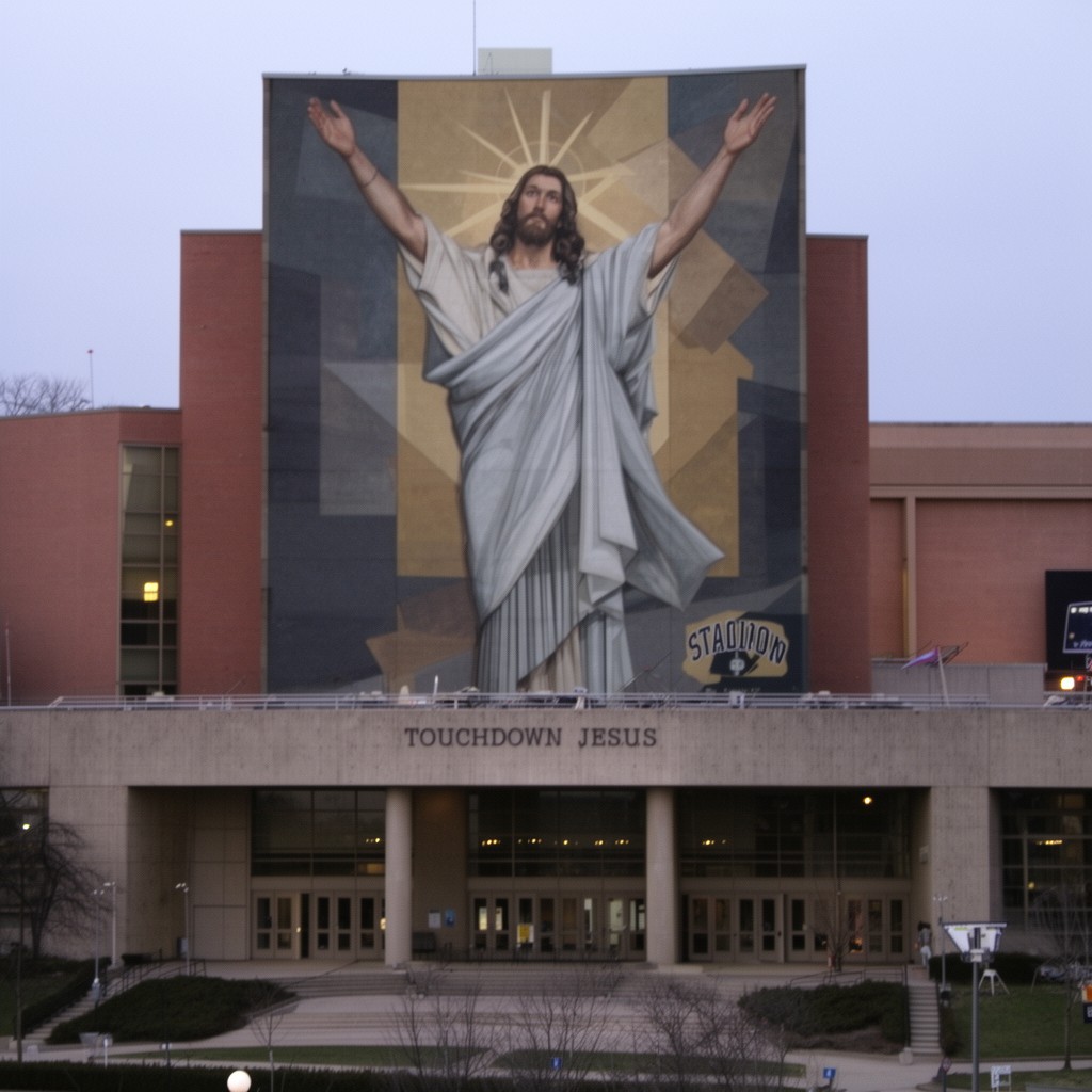 AI-generated illustration of Touchdown Jesus mural