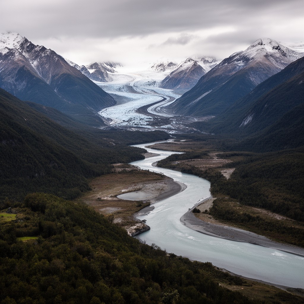 AI-generated illustration of Aysén River basin
