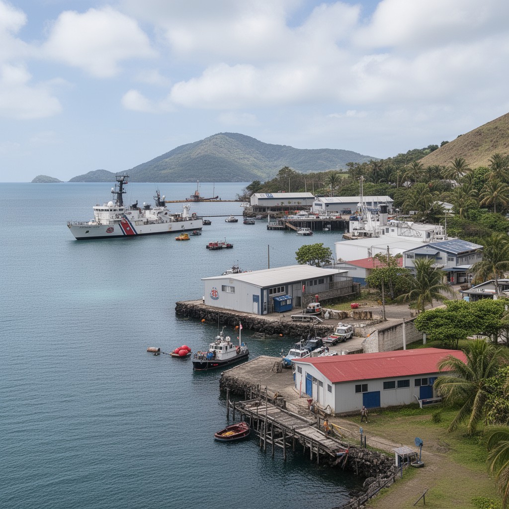 AI-generated illustration of U.S. Coast Guard facilities in Pago Pago Harbor