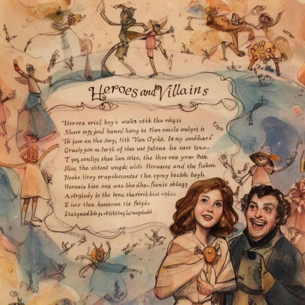 AI-generated illustration of Heroes and Villains – lyrics