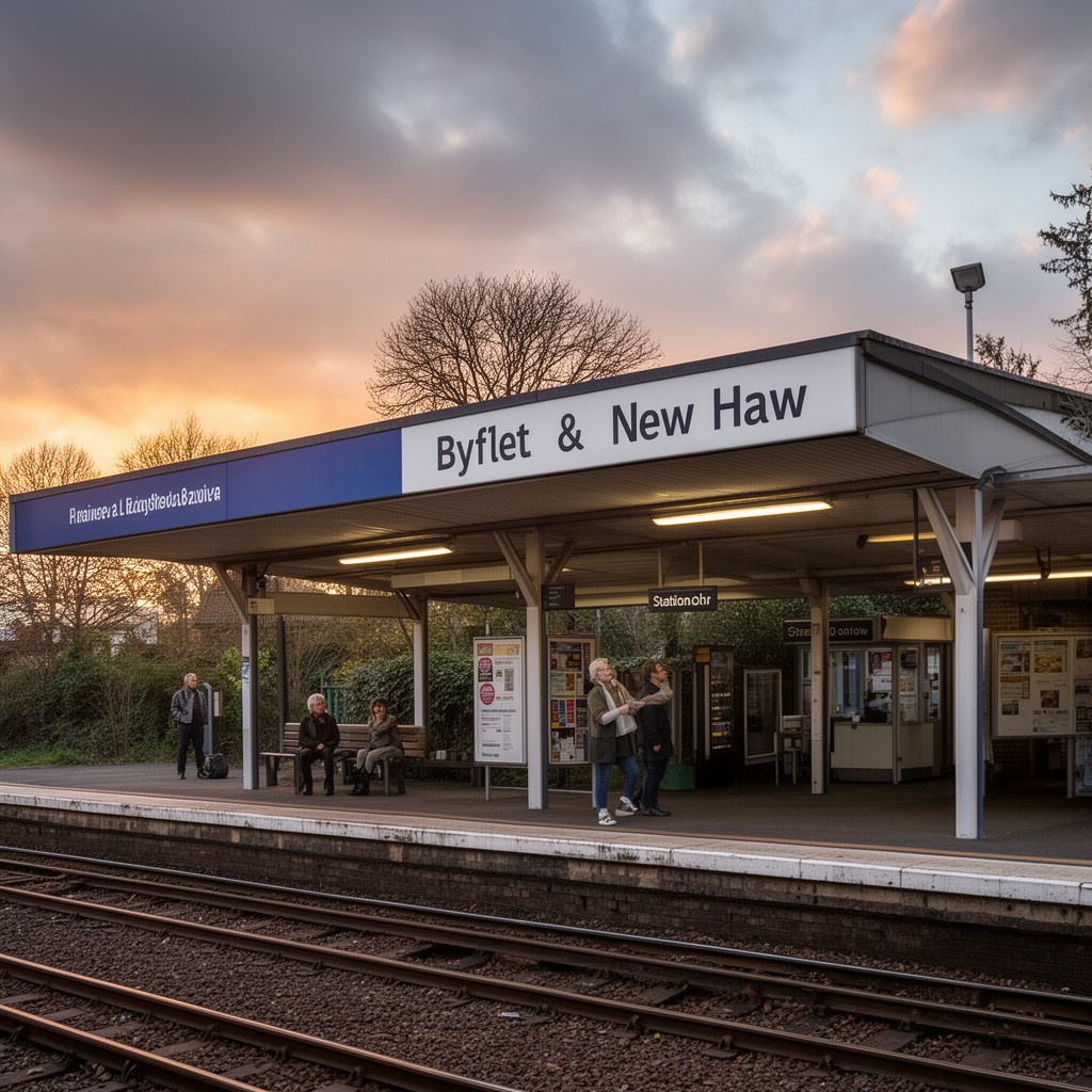 AI-generated illustration of Byfleet & New Haw railway station