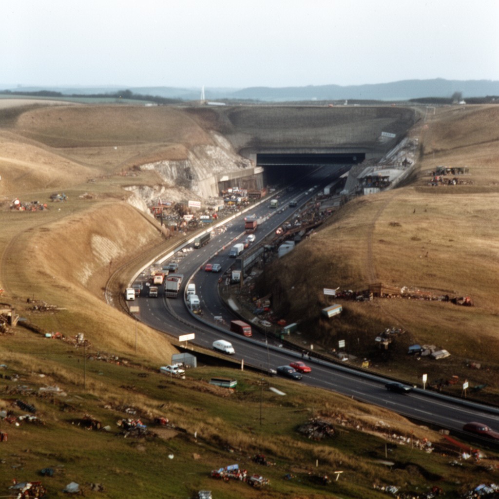 AI-generated illustration of M3 cutting at Twyford Down
