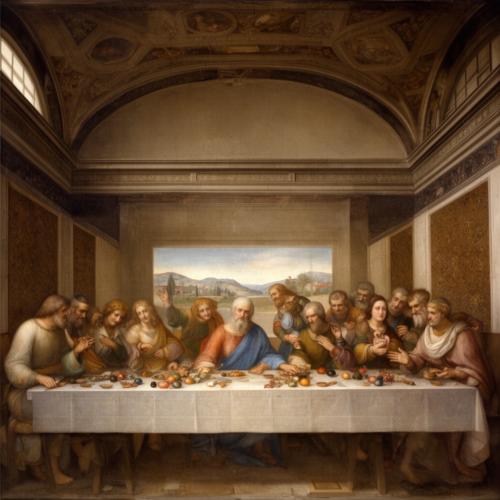 AI-generated illustration of Santa Maria delle Grazie with The Last Supper