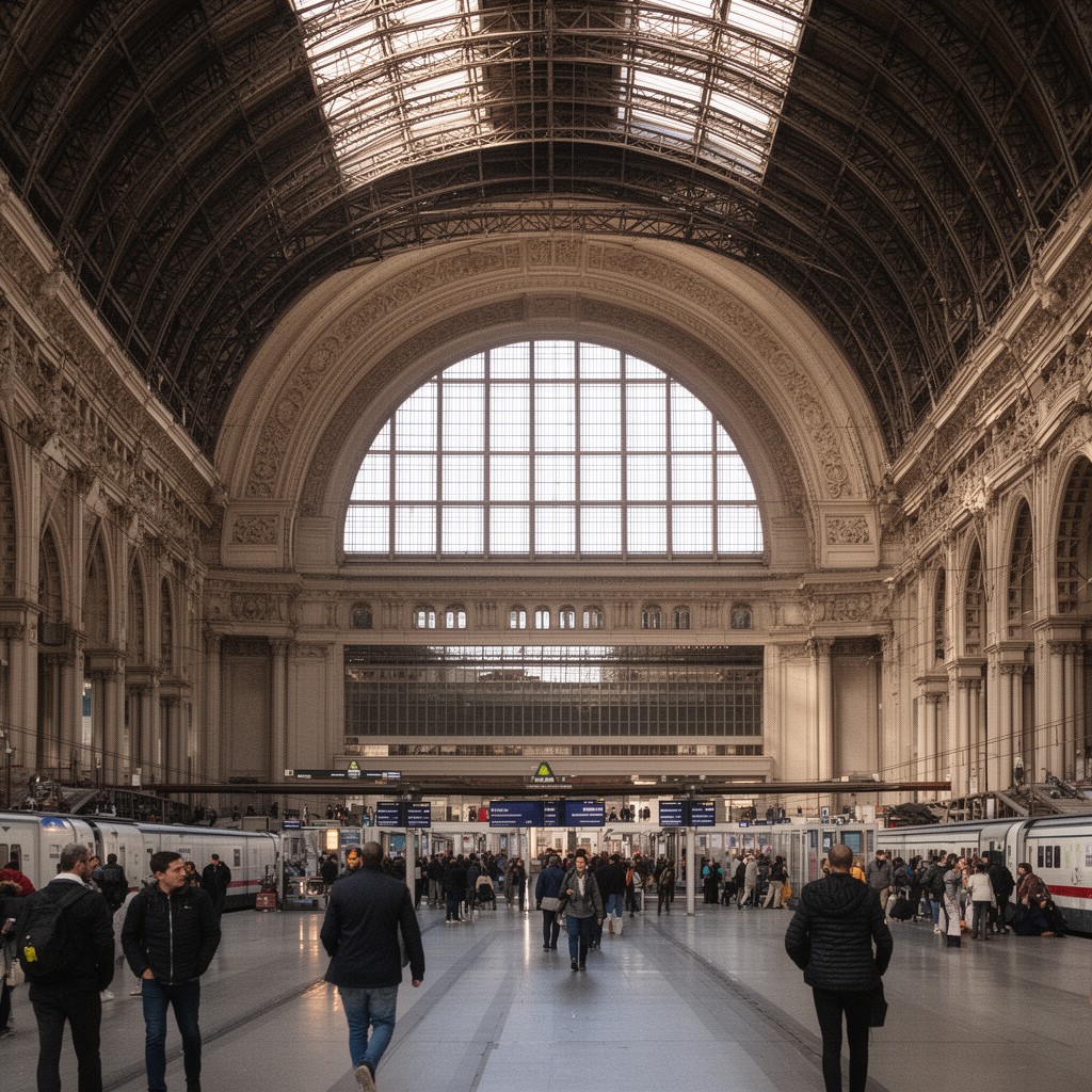 AI-generated illustration of Milano Centrale railway station