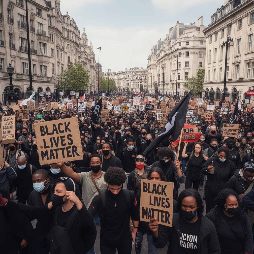 AI-generated illustration of Black Lives Matter protests in London