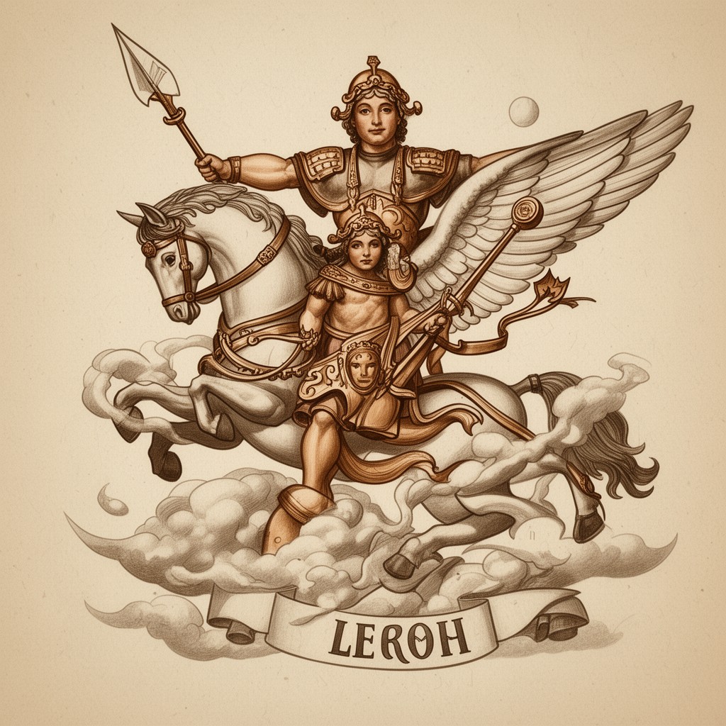 AI-generated illustration of Bellerophon riding Pegasus