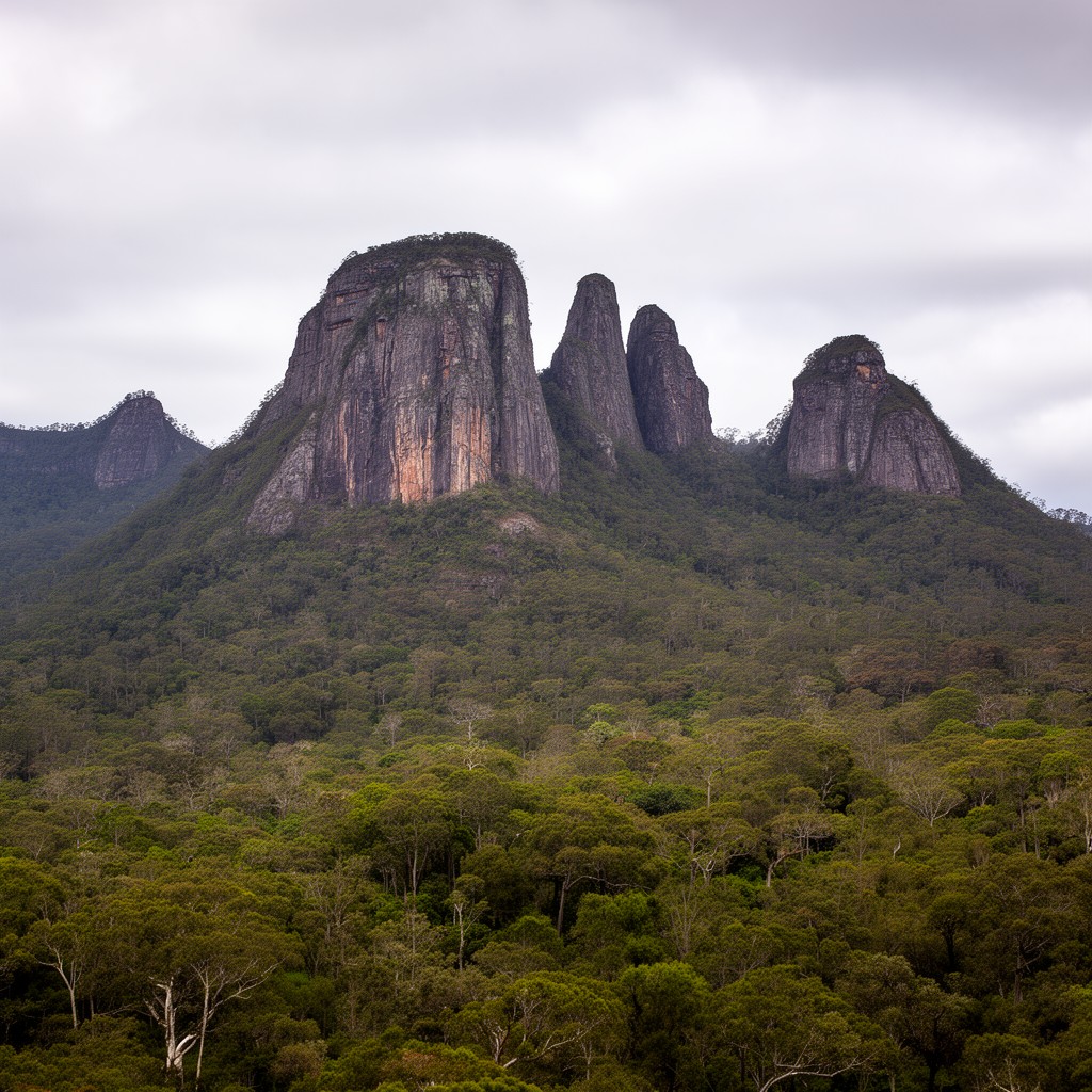 AI-generated illustration of Glass House Mountains