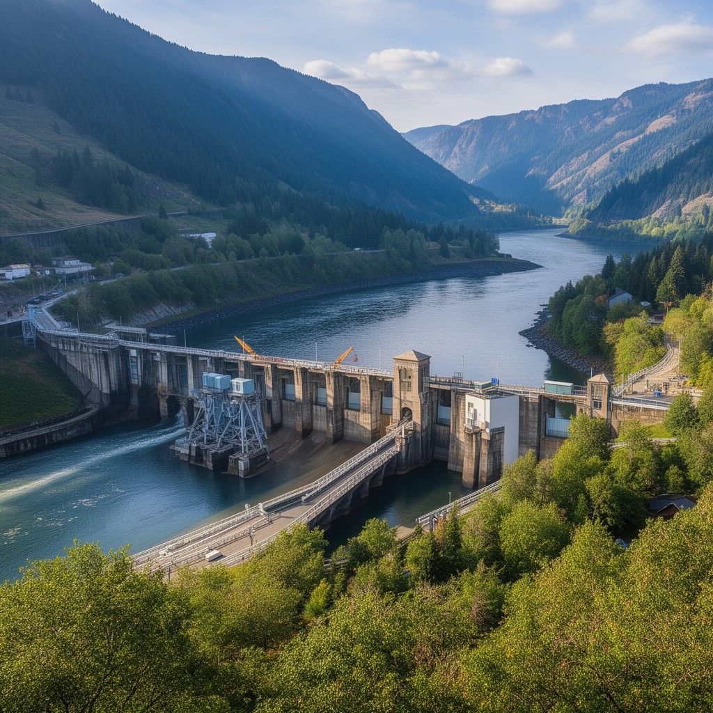 AI-generated illustration of Bonneville Dam vicinity on the Columbia River