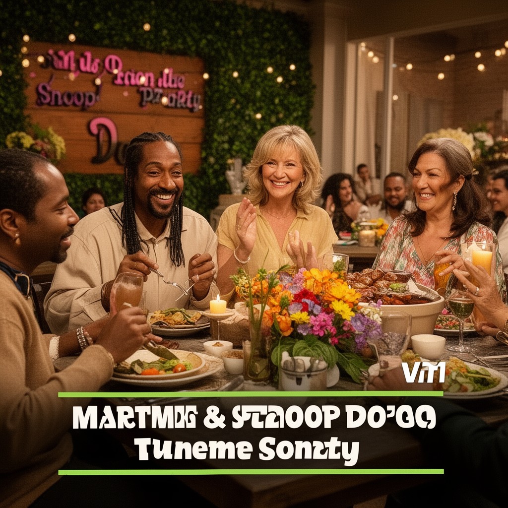 AI-generated illustration of Martha & Snoop's Potluck Dinner Party