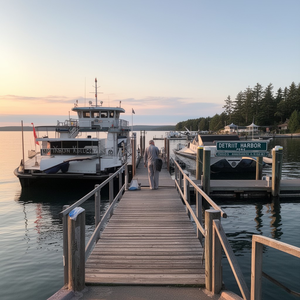 AI-generated illustration of Detroit Harbor ferry dock
