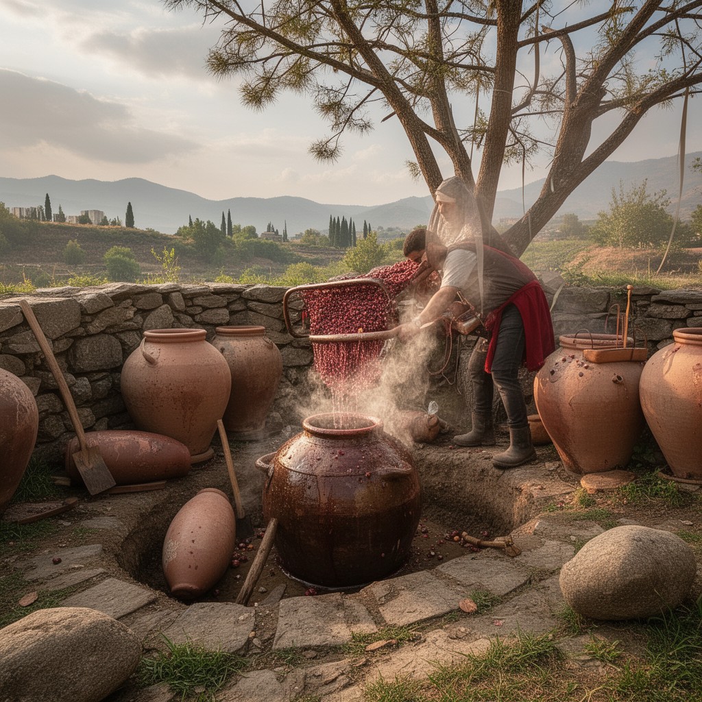 AI-generated illustration of Georgian traditional Qvevri wine-making