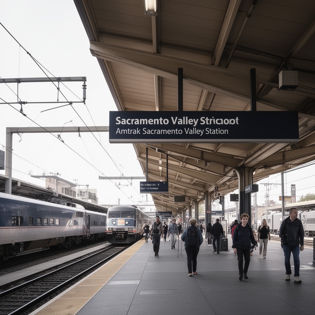 AI-generated illustration of Amtrak Sacramento Valley Station