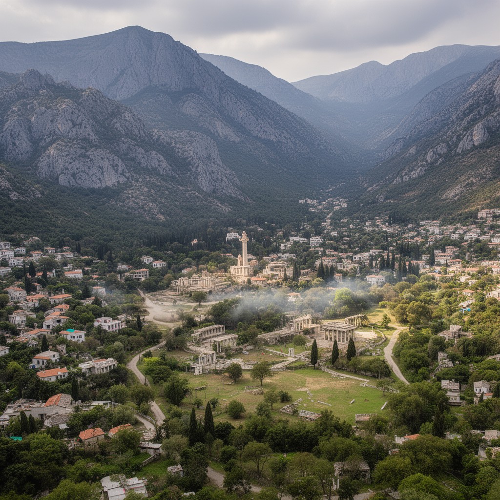 AI-generated illustration of Parnassus valley