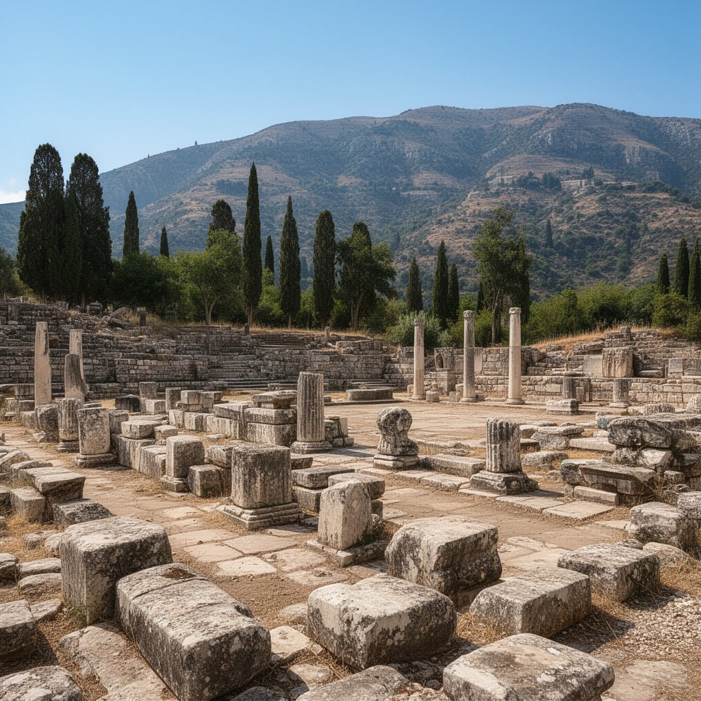 AI-generated illustration of Delphi archaeological site