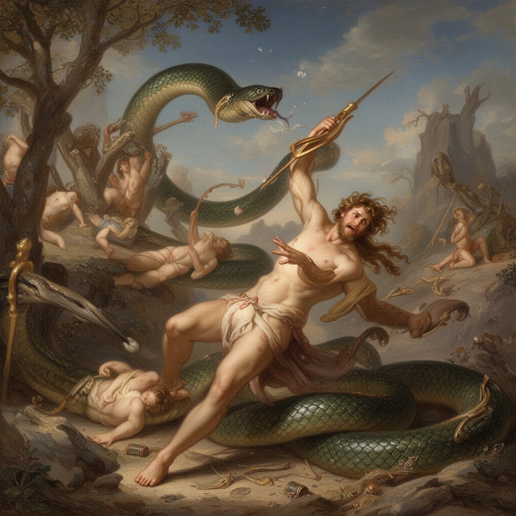 AI-generated illustration of slaying of Python by Apollo