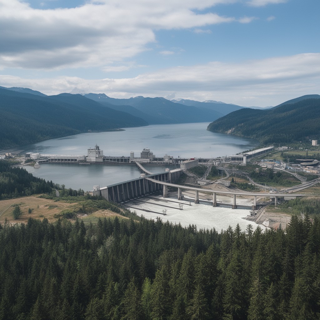 AI-generated illustration of Columbia River hydropower system
