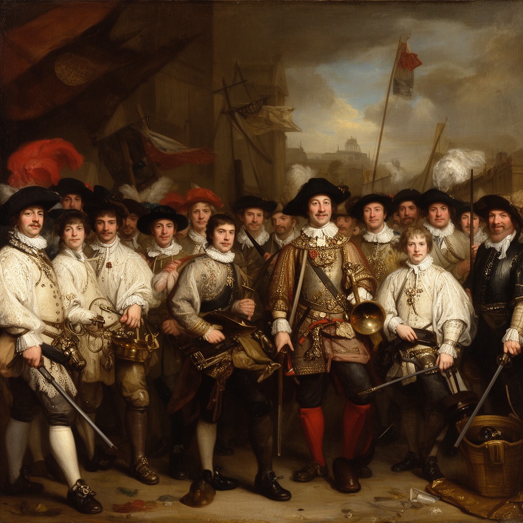 AI-generated illustration of The Company of Captain Albert Bas and Lieutenant Lucas Conijn