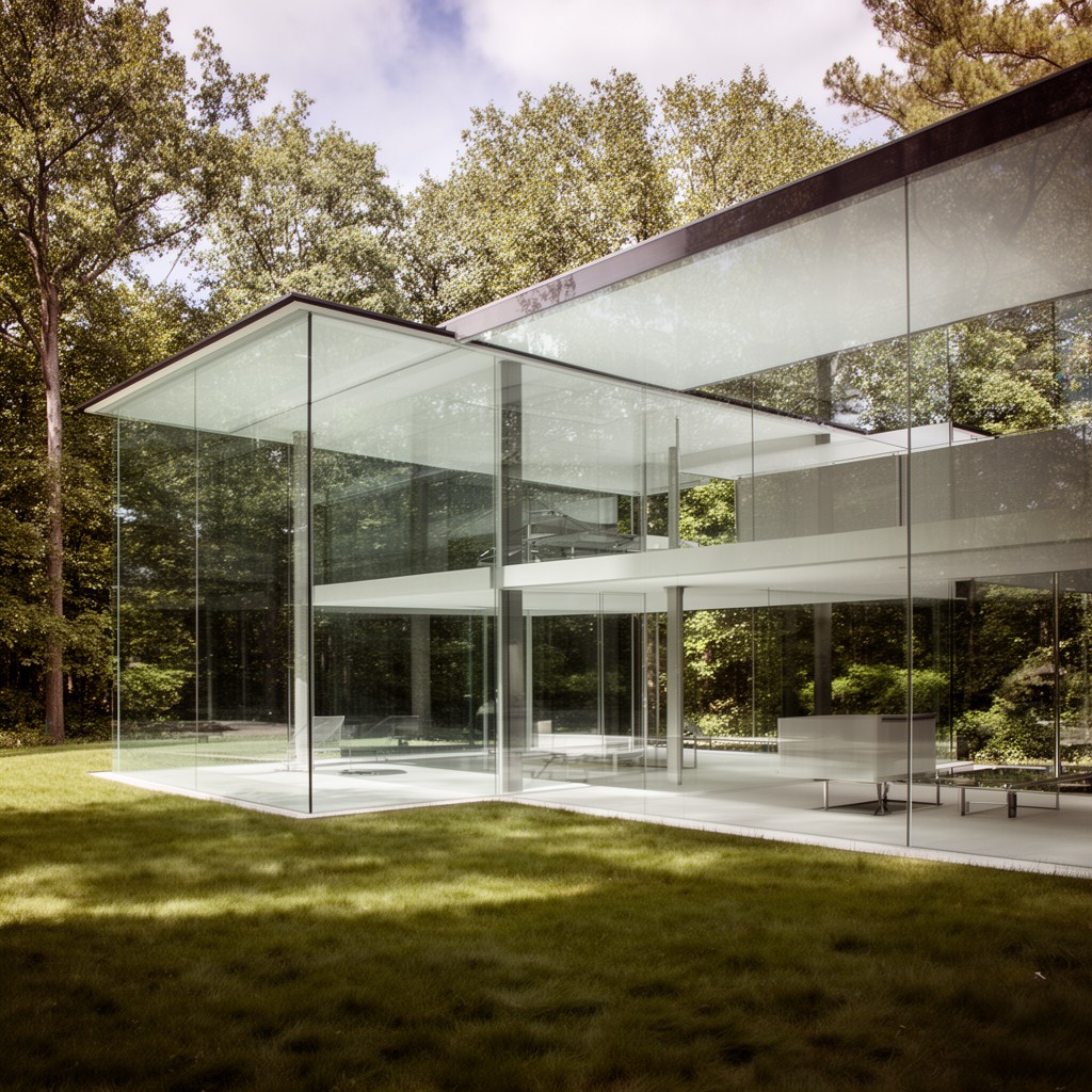 AI-generated illustration of his own residence, the Glass House in New Canaan, Connecticut