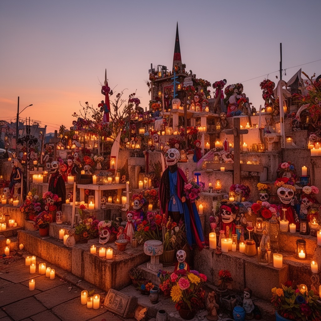 AI-generated illustration of Day of the Dead in San Andrés Mixquic