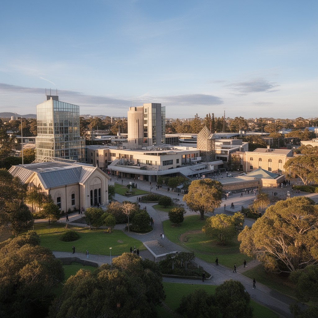 AI-generated illustration of University of Tasmania main campus