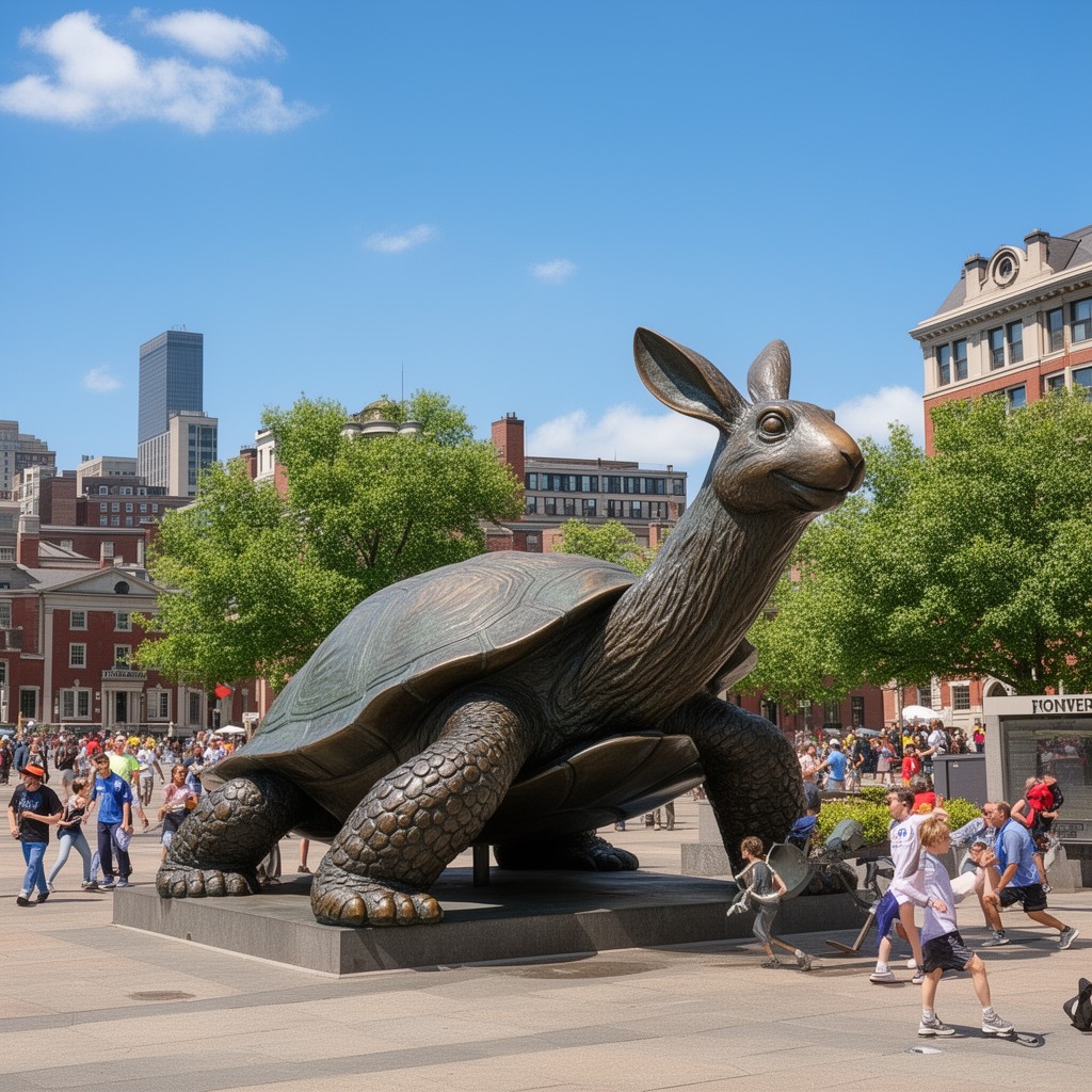 AI-generated illustration of Tortoise and Hare sculpture