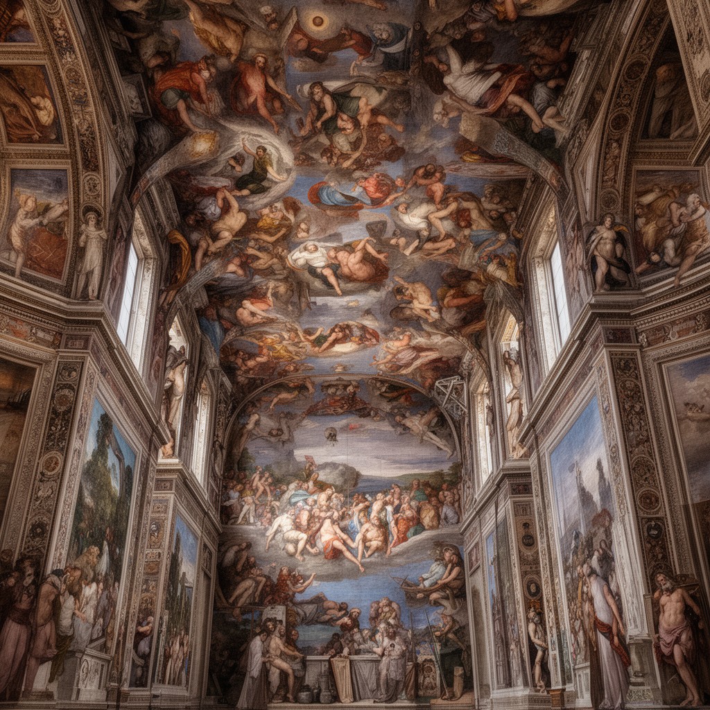 AI-generated illustration of Michelangelo's Sistine Chapel ceiling frescoes