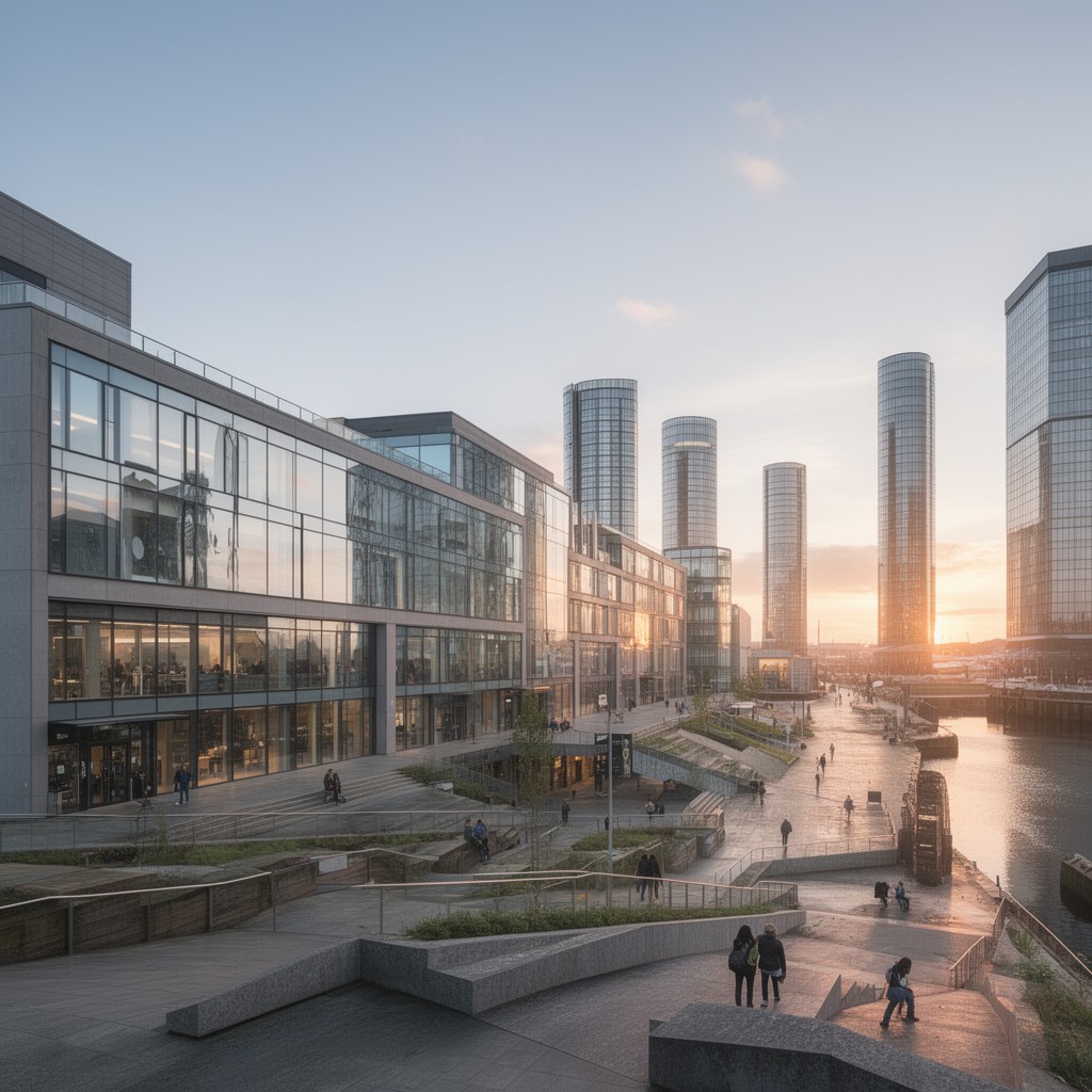 AI-generated illustration of Belfast Metropolitan College Titanic Quarter campus