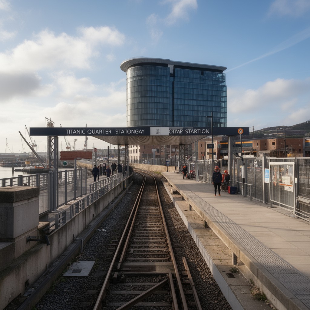 AI-generated illustration of Titanic Quarter railway station
